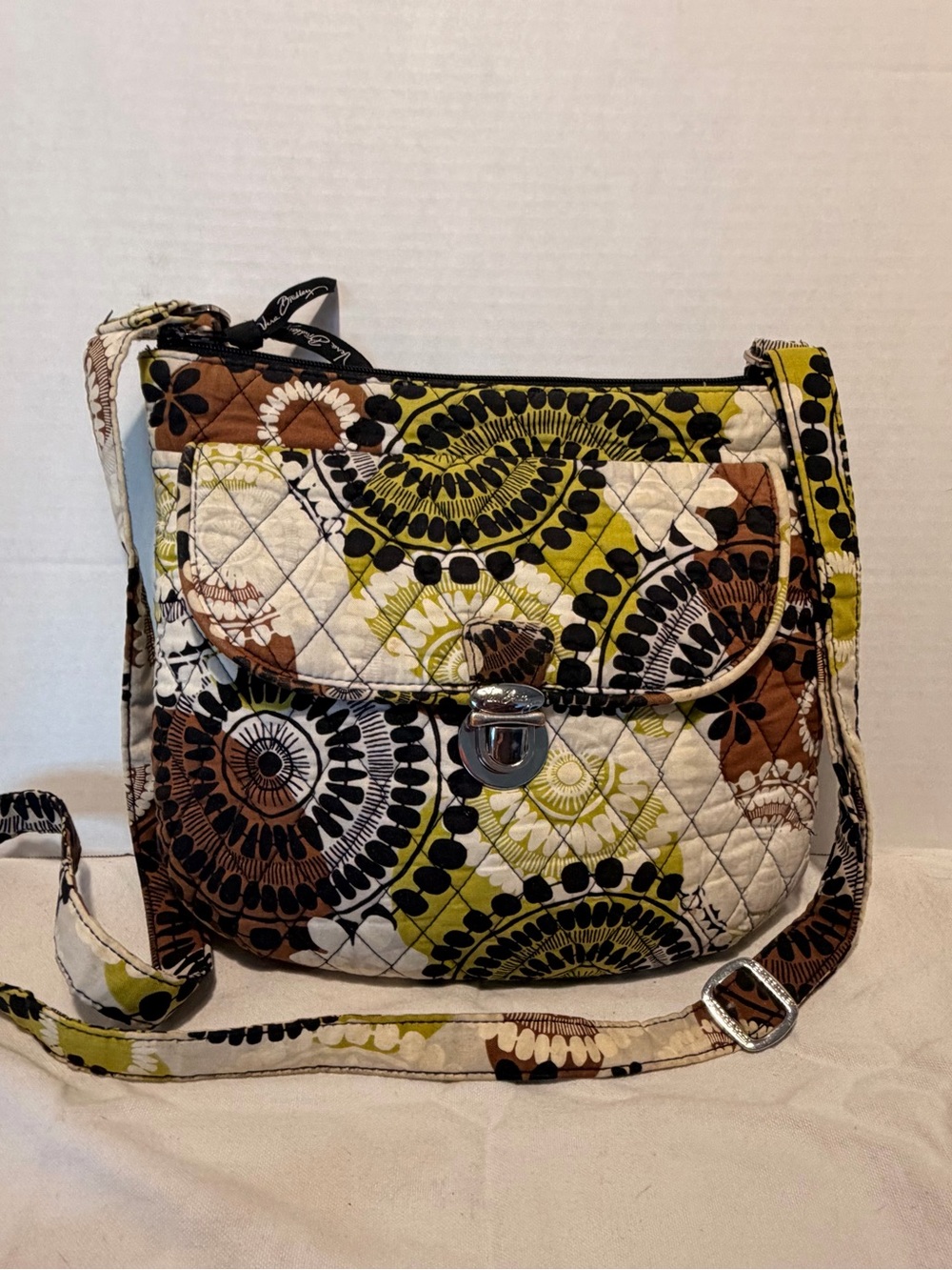 Vera Bradley Quilted Crossbody in Olive Green, Brown & Cream